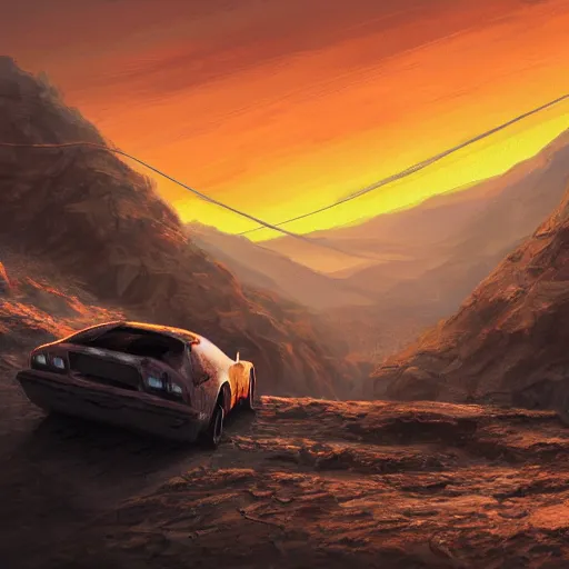 Image similar to post apocalypse scene of two cars parked on a cliff at sunset, computer art, concept art, high detail, warm colors, artstation