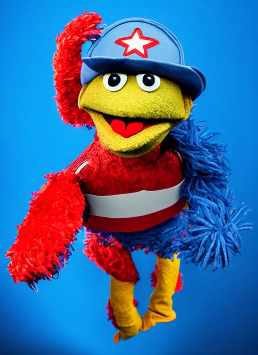 Prompt: studio portrait still of muppet captain america as a muppet muppet as a muppet, 8 k, studio lighting, key light,