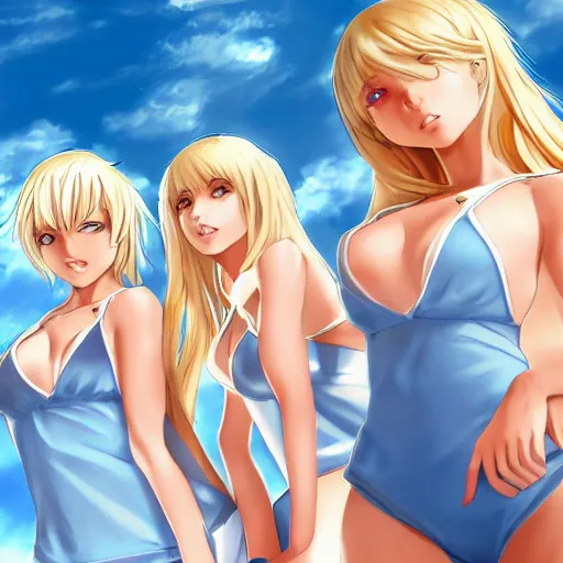 Prompt: group picture : a very tall beautiful young blond basketball anime girl with her tiny team, sky blue eyes, bikini, white miniskirt, highly detailed, cinematic wallpaper by stanley artgerm lau