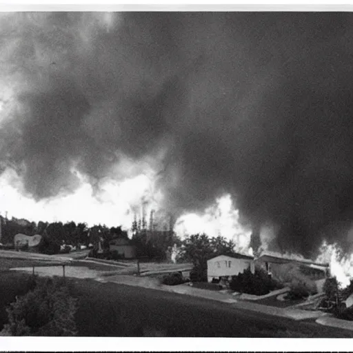 Image similar to 1 9 9 0 s newspaper photo of a burning suburban neighborhood with an explosion in the background.