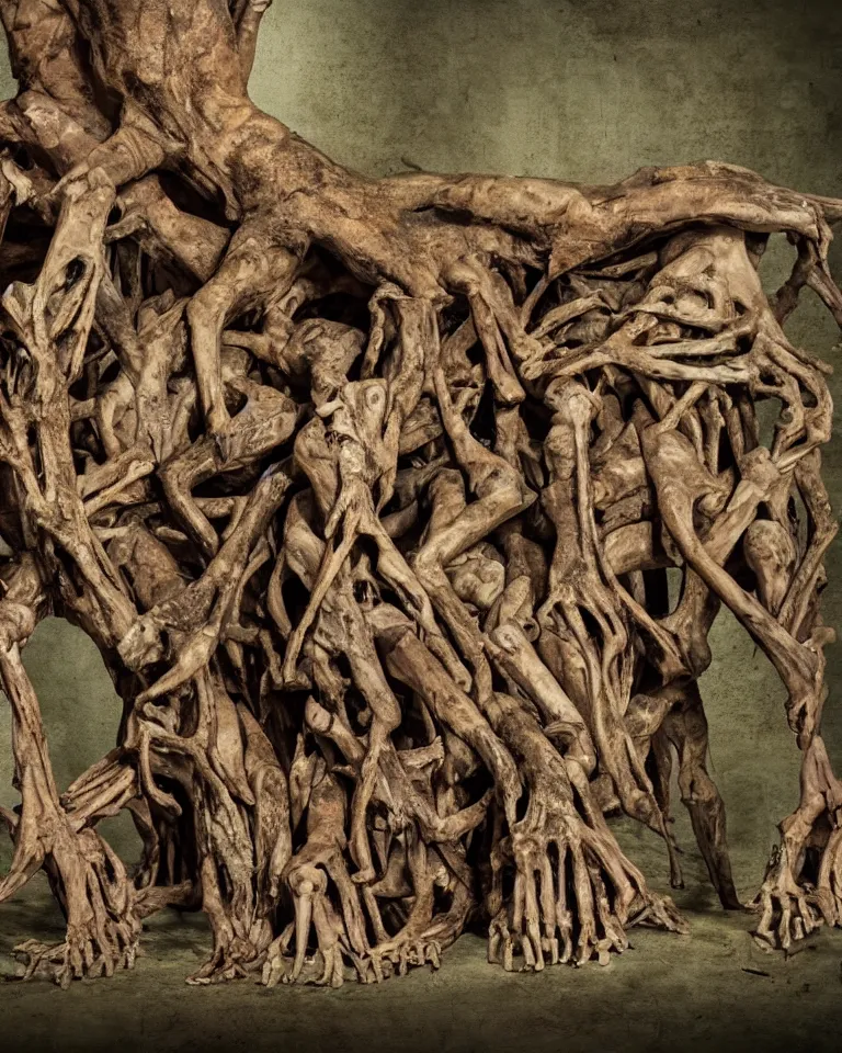 Image similar to A wretched mythical tree made of human flesh, limbs and bones.