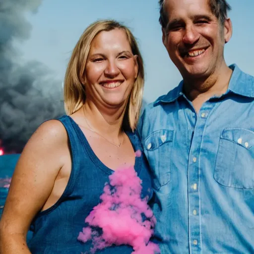 Prompt: a close up of a smiling couple of parents to be, 9 / 1 1 with pink smoke in the background