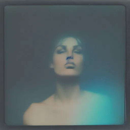 Image similar to polaroid of a beautiful woman in dream, collage, reflection, double exposure, gradient, chromatic aberration, fog, proportional