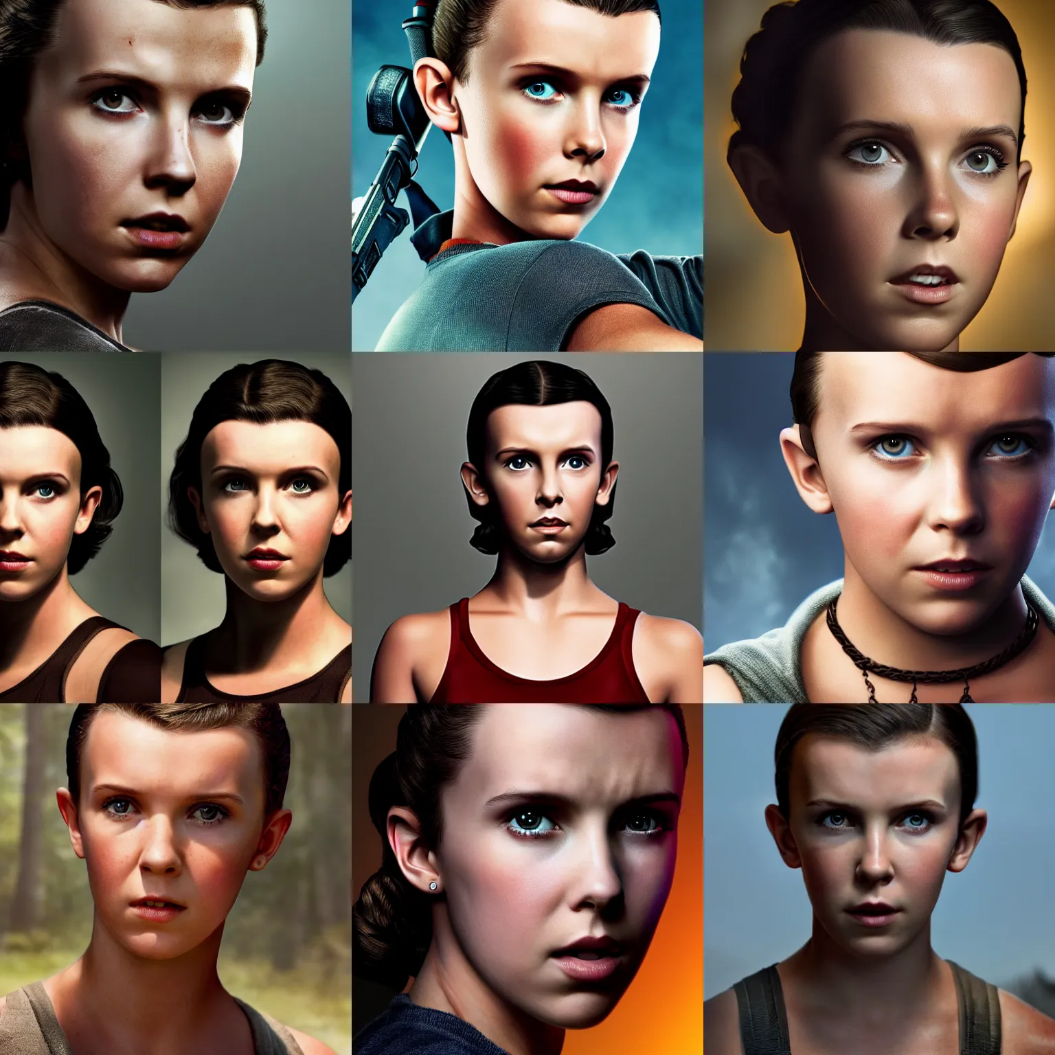 Prompt: Eleven/Millie Bobbie Brown as Lara Croft, official photo portrait, headshot, high quality, 4k