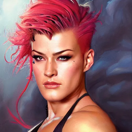 Image similar to detailed portrait of zarya from overwatch, intricate, hyper detailed, realistic, oil painting, by julie bell, frank frazetta, cinematic lighting