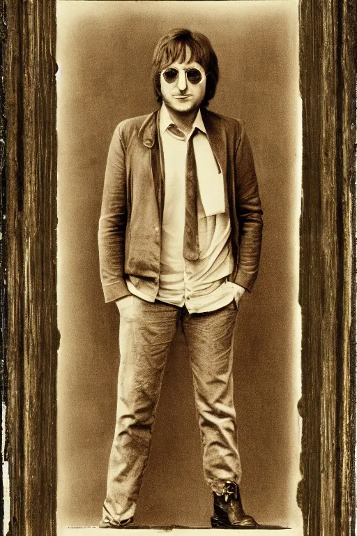 Image similar to john lennon, full body, symmetrical features, silver iodide, 1 8 8 0 photograph, sepia tone, aged paper, sergio leone, master prime lenses, cinematic