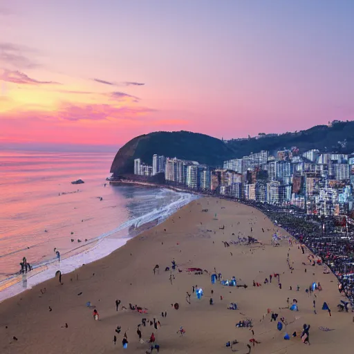 Prompt: Copacabana beach, viewpoint from a mountain, during sunset, people playing on the beach, purple light