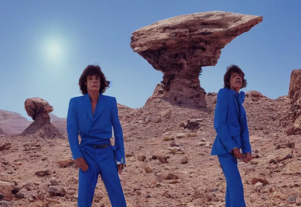 Image similar to mick jagger dressed in blue costume with many jewels in a dry rocky desert landscape, ultradetailed alien complex city and giant alien spaceship in the background, by christopher doyle and alejandro jodorowsky, anamorphic lens, kodakchrome, cinematic composition, masterpiece, 8 k