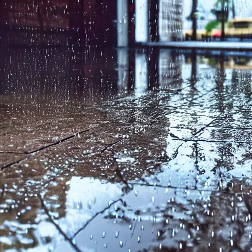 Image similar to still photo of rain puddles and reflections in a village, cloudy weather, highly detailed, photorealistic shot, bright studio setting, studio lighting, crisp quality and light reflections, unreal engine 5 quality render