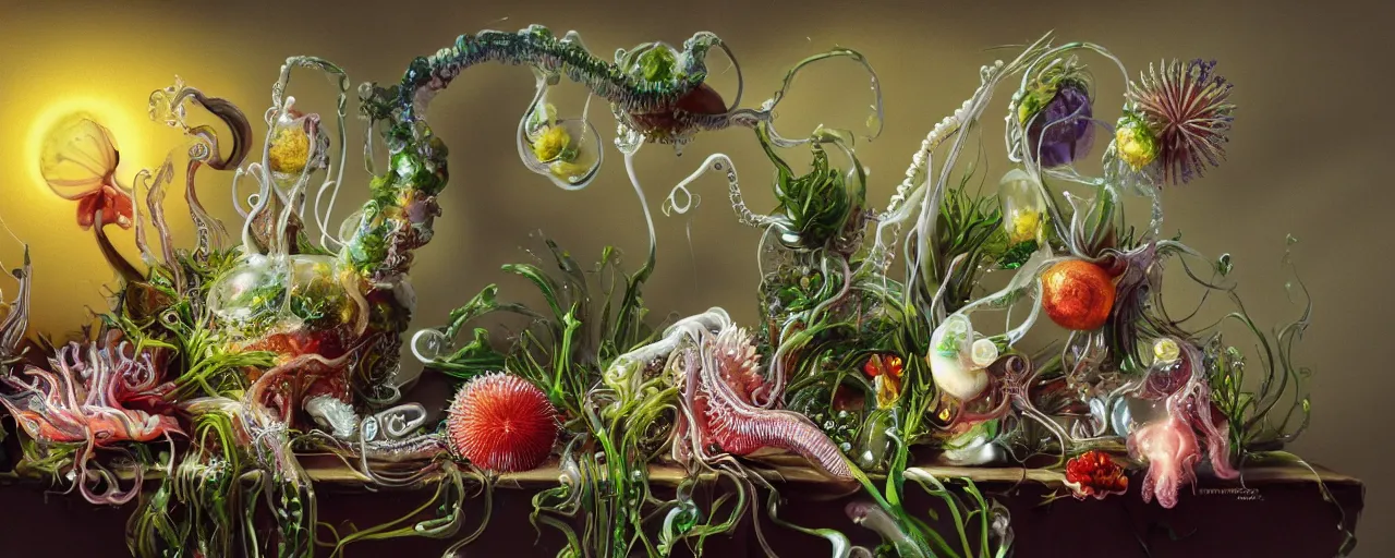 Prompt: ultradetailed photorealistic still life with jelly flowers by ernst haeckel, caravaggio, roger dean and andrei tarkovsky, slime and tentacles, wide angle, minimalistic cinematic composition, octane render, bokeh, unreal engine, 4k 3d render