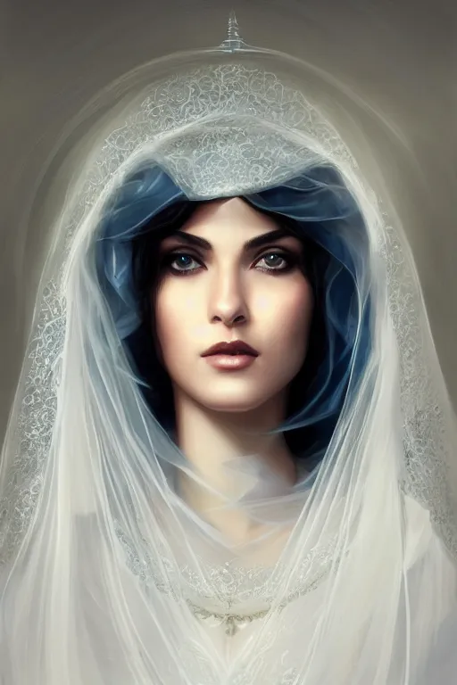 Prompt: Ameera al-Taweel, blue eyes, long wavy black hair, white veil, closeup, focus face, elegant, highly detailed, centered, digital painting, artstation, concept art by tom bagshaw, illustration