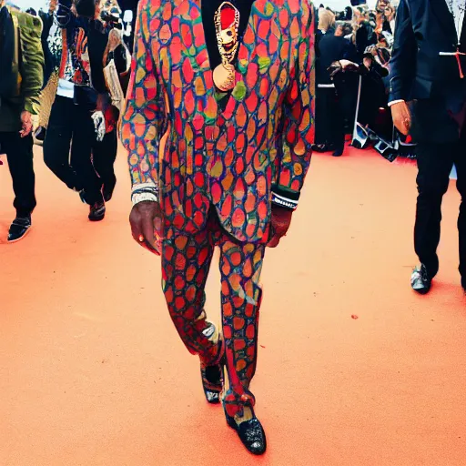 Prompt: bob Marley wearing Gucci outfit and walking on Canne festival red carpet