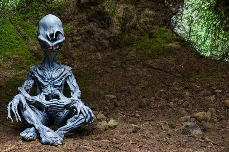 Image similar to high quality scary alienated monster statue sitting at the entrance of a cave in the middle of a forrest, highly detailed, cinematic smooth, stephen shore & john j. park, soft morning light, wide shot, high angle, uhd 8 k, deep focus