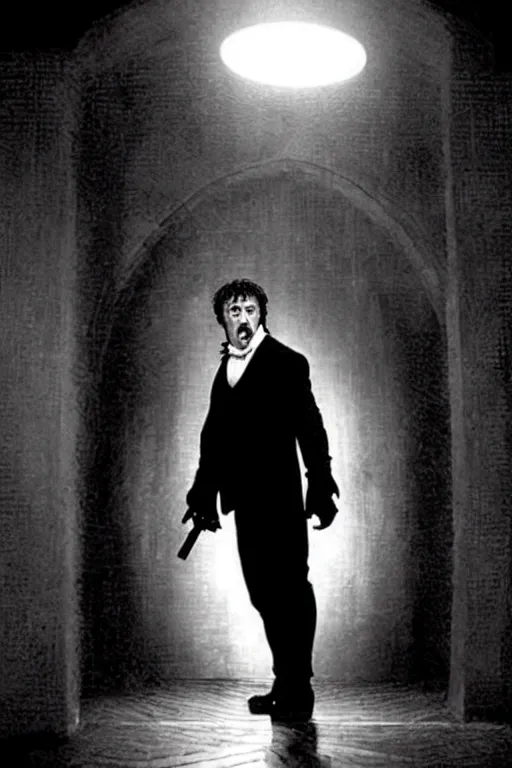 Image similar to sylvester stallone as edgar allen poe, cinematic, dramatic, mood lighting