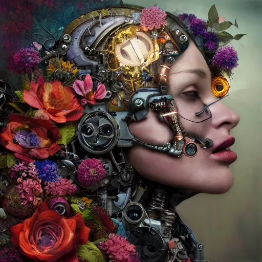 Prompt: a beautiful intricate fine art portrait photo of a farewell moment between lovers, a mechanical industrial steampunk cybernetic robot and a human overgrown with colorful flowers and leaves by tom bagshaw and zach sutton, golden ratio composition, studio lighting, 50mm lens, very detailed, bionic, cybernetic scifi, deep depth of field, artstation, 8K, highly coherent