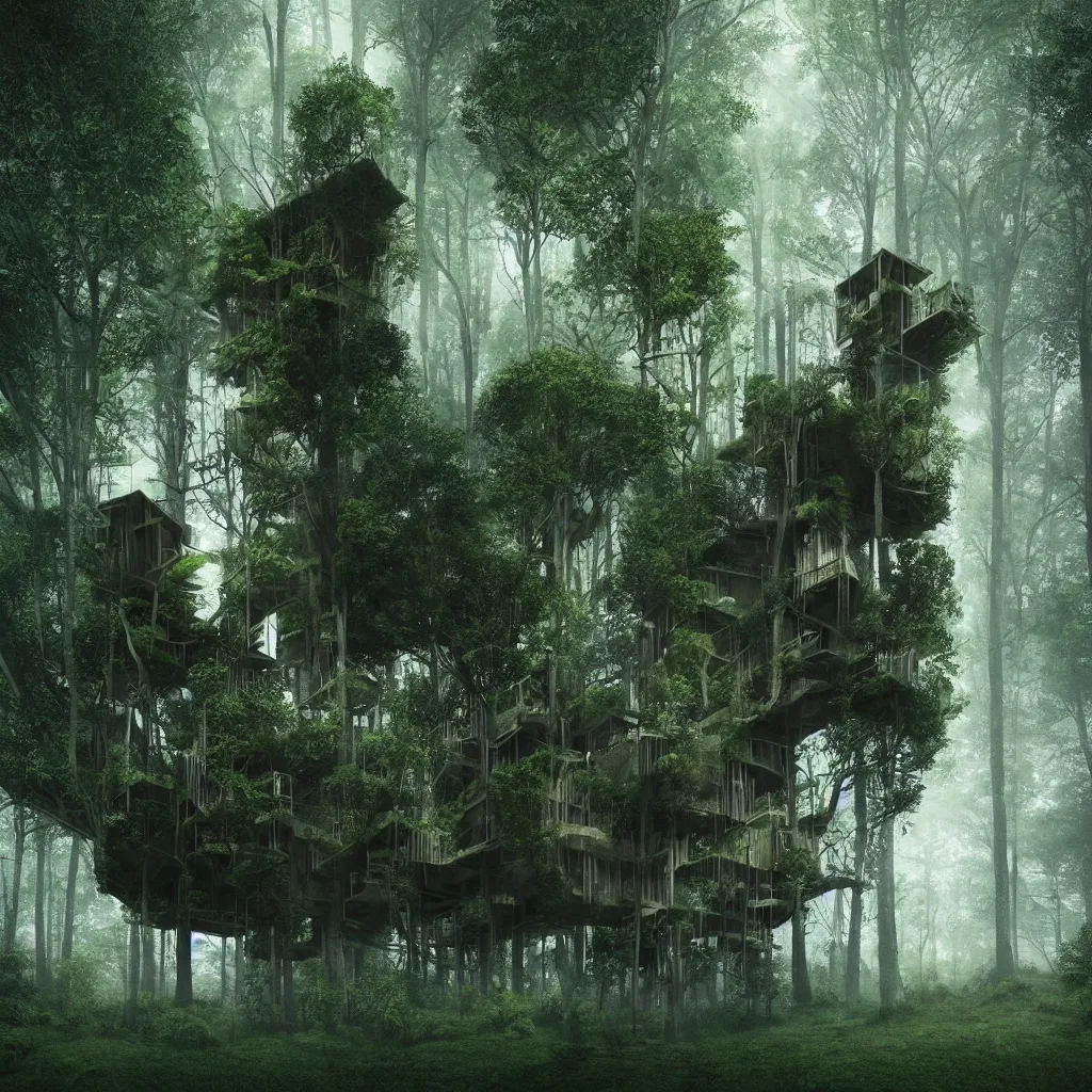 Image similar to “Hyper realistic, tree house, architettura shape of roots, architecture design, dark green tones in the deep forest, foggy, environment, Cinematography, mega scans,cinematic, hyper realistic, photo real, cinematic compositoio, highly detailed, vray, 8k render, high rendering”