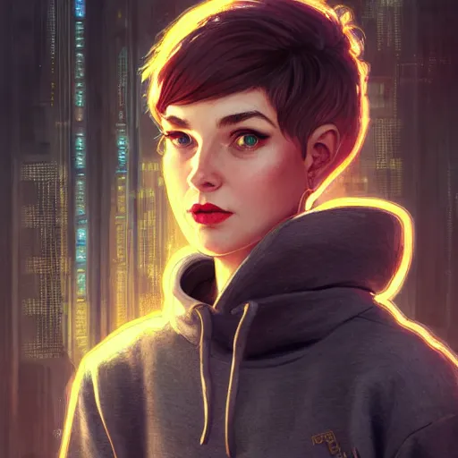 Prompt: character portrait of a 1950s girl in a hoodie, pixie cut, dystopian cyberpunk steampunk soviet mood, intricate, wild, highly detailed, digital painting, artstation, upper body, concept art, smooth, sharp focus, illustration, art by artgerm and greg rutkowski and alphonse mucha