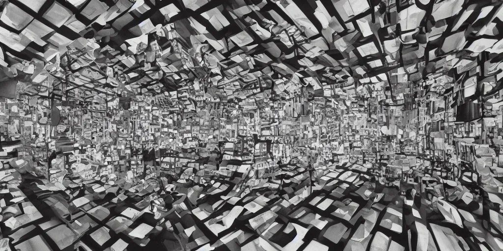 Prompt: escher style pattern of three point perspective, 3 6 0 panorama fluorescent cubes with blure