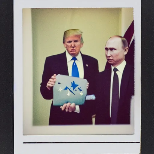 Prompt: Trump throwing fridge on Vladimir Putin, realistic photo, 50mm, polaroid