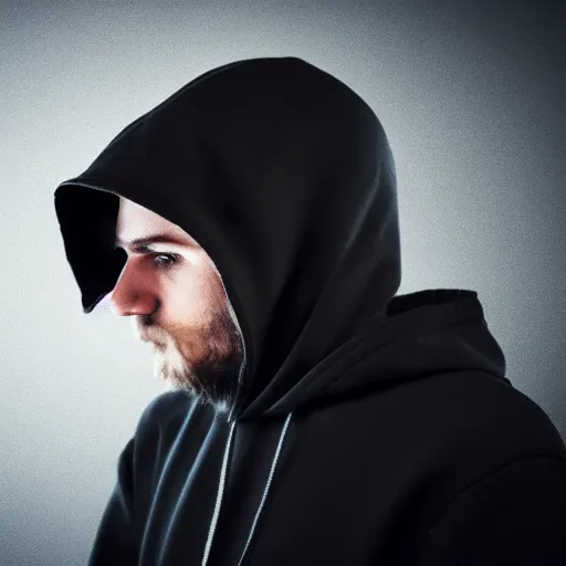 Image similar to realistic photo of hacker, black background, hood, face doesn't visible, computer, extremely detailed, sharp focus, front view, minimalism, masterpiece,