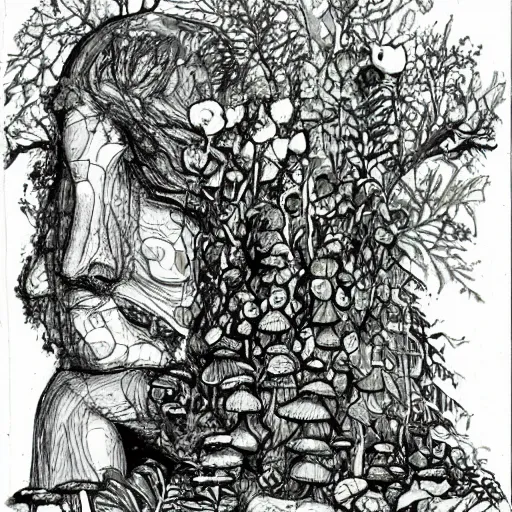 Prompt: The Thinker Sculpture covered in mushrooms & peyote & ayahuasca, sitting in a dense forest, ink sketch, Naturalists notebook