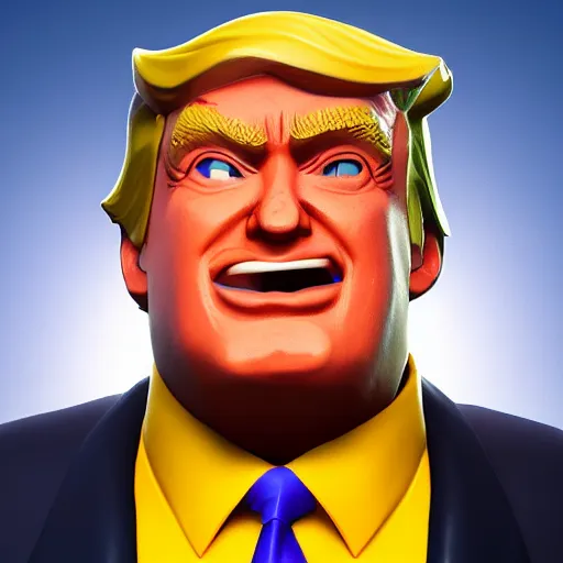 Image similar to donald trump fortnite skin smiling, presidential fortnite skin, sunny, detailed, unreal engine 4, trending on artstation, epic games fortnite trailer, detailed face