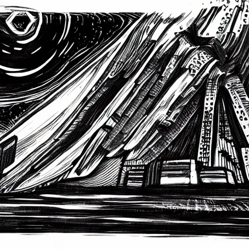 Prompt: a black ink sketch of a alien civilization srchitecture