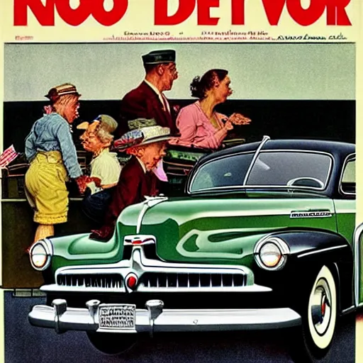 Image similar to in the style of norman rockwell, 1 9 4 8 desoto car, black, driving through a 1 9 5 0 s town