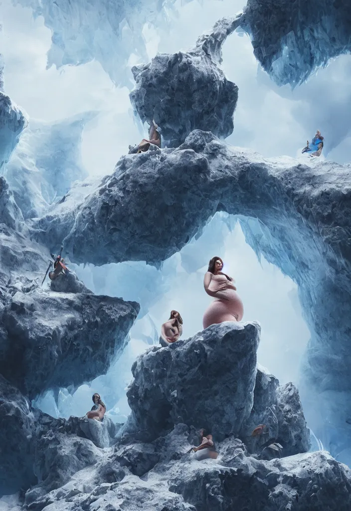 Image similar to pregnant woman at the top making an epic speech to a proud of warrior crowd hearing from bellow, ice cave, facinating, epic digital art, octane render, beautiful composition, trending on artstation, award - winning photograph, masterpiece