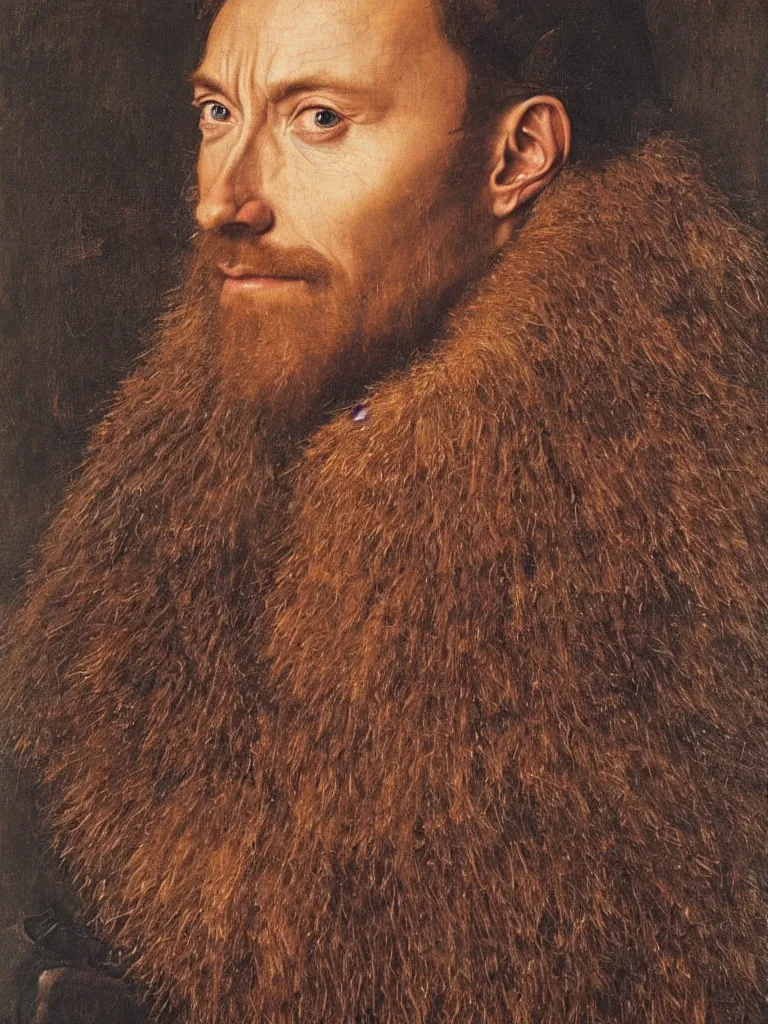 Prompt: portrait of hugh jackman, oil painting by jan van eyck, northern renaissance art, oil on canvas, wet - on - wet technique, realistic, expressive emotions, intricate textures, illusionistic detail