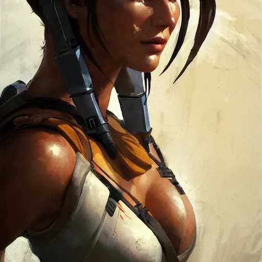 Image similar to greg manchess portrait painting of partially armored lara croft as overwatch character, close - up shot, asymmetrical, profile picture, organic painting, sunny day, matte painting, bold shapes, hard edges, street art, trending on artstation, by huang guangjian and gil elvgren and sachin teng