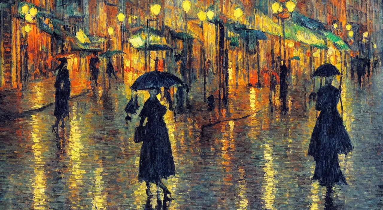 Prompt: evening city scene with young woman with umbrella. beautiful use of light and shadow to create a sense of depth and movement. post - impressionism, using energetic brushwork and a limited color palette, providing a distinctive look and expressive quality in a rhythmic composition