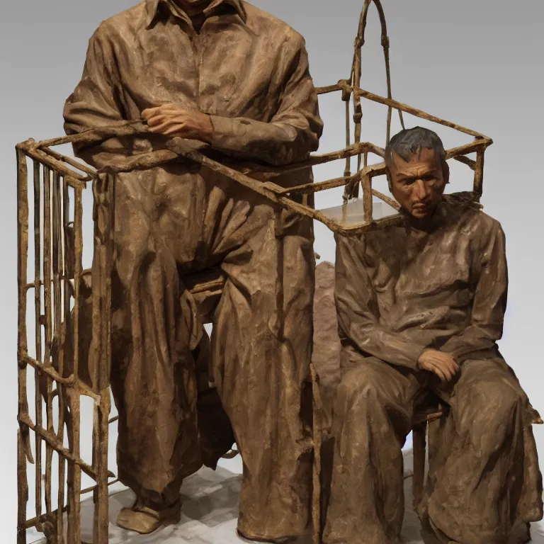 Prompt: hyperrealistic sculpture of a bronze uyghur prisoner in a cage made of low poly acrylic on a pedestal by ron mueck and duane hanson and lee bontecou, hyperrealistic dramatic colored lighting trending on artstation 8 k