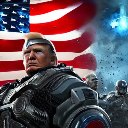 Image similar to Portrait! of President Donald Trump as ((captain america)) in Gears of War, patriotic, splash art, movie still, cinematic lighting, dramatic, octane render, long lens, shallow depth of field, bokeh, anamorphic lens flare, 8k, hyper detailed, 35mm film grain