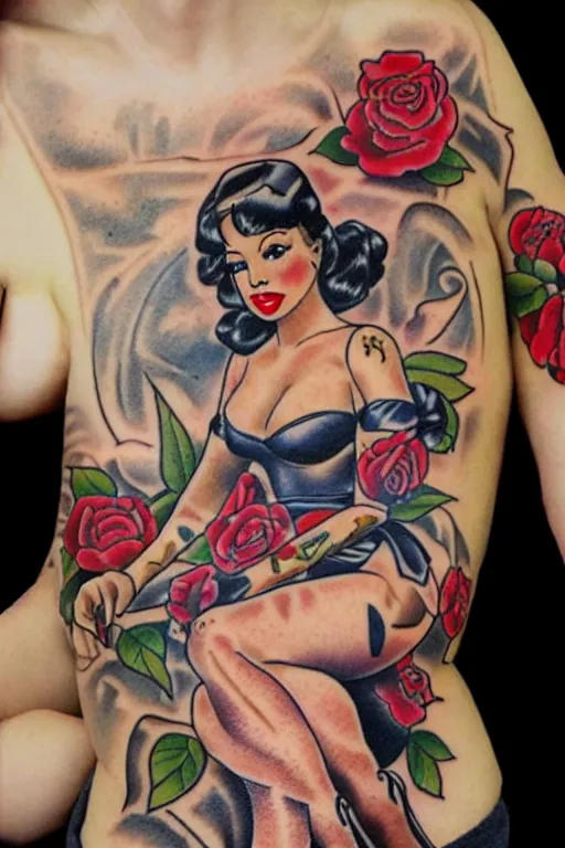 Image similar to traditional American tattoo of a pinup doll