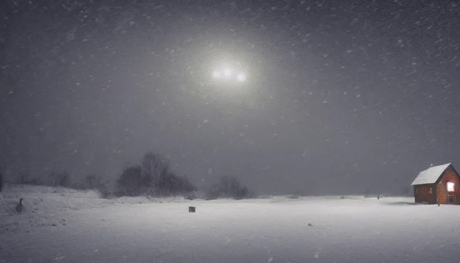 Image similar to Dark, Snowy Landscape with Blizzard! in a snowstorm!, a lonely, small shack in the distance with dim orange lights in the windows, snowstorm, digital art, highly detailed, blizzard, 4k