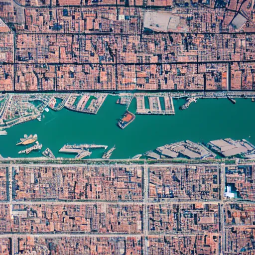 Prompt: aerial photo of a port town, satellite image, extremely detailed, sunny day, overhead view