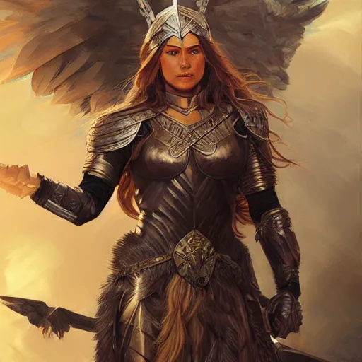 Image similar to long-haired valkyrie, armored, fantasy, D&D, portrait, highly detailed, digital painting, artstation, concept art, sharp focus, illustration, art by artgerm and greg rutkowski and alphonse mucha