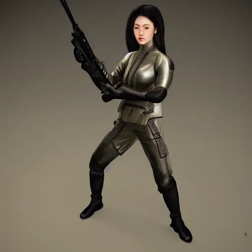 Image similar to a female android martial-artist/mercenary holding a rifle Photorealistic HD 8k highlights and shadow detailed High Resolution