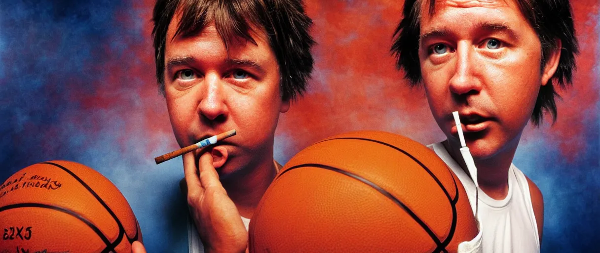 Prompt: award winning photo of bill hicks playing basketball in the hood and smoking weed, vivid colors, happy, symmetrical face, beautiful eyes, studio lighting, wide shot art by Sally Mann & Arnold Newman