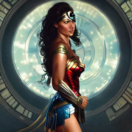 Image similar to full figure ultra realistic illustration, wonder woman wearing a futuristic costume, solarpunk utopia, intricate, elegant, highly detailed, digital painting, artstation, concept art, smooth, sharp focus, illustration, art by artgerm and greg rutkowski and alphonse mucha