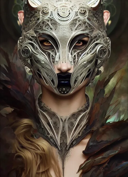 Prompt: organic cyborg, wolf mask opening to reveal radiant beautiful face, diffuse lighting, fantasy, intricate, elegant, highly detailed, lifelike, photorealistic, digital painting, artstation, illustration, concept art, smooth, sharp focus, art by John Collier and Albert Aublet and Krenz Cushart and Artem Demura and Alphonse Mucha