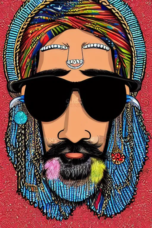 Prompt: face portrait of a rajasthani man with long moustache and beard and rajasthani pagdi wearing cool sunglasses and jewelry having lots of tattoos and earrings, art by butcher billy, sticker, colorful, illustration, highly detailed, simple, smooth and clean vector curves, no jagged lines, vector art, smooth