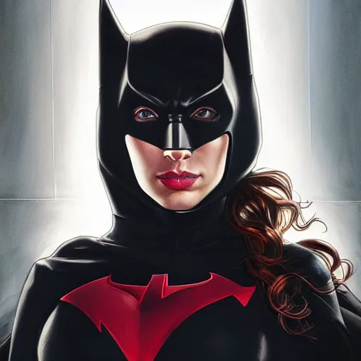 Image similar to portrait of Gal Gadot as Batwoman, looking at camera, D&D, intricate, elegant, serious expression, fantasy, extremely detailed, digital painting, artstation, concept art, smooth, sharp focus, illustration, stunning lighting, art by artgerm and greg rutkowski and alphonse mucha and simon stalenhag.