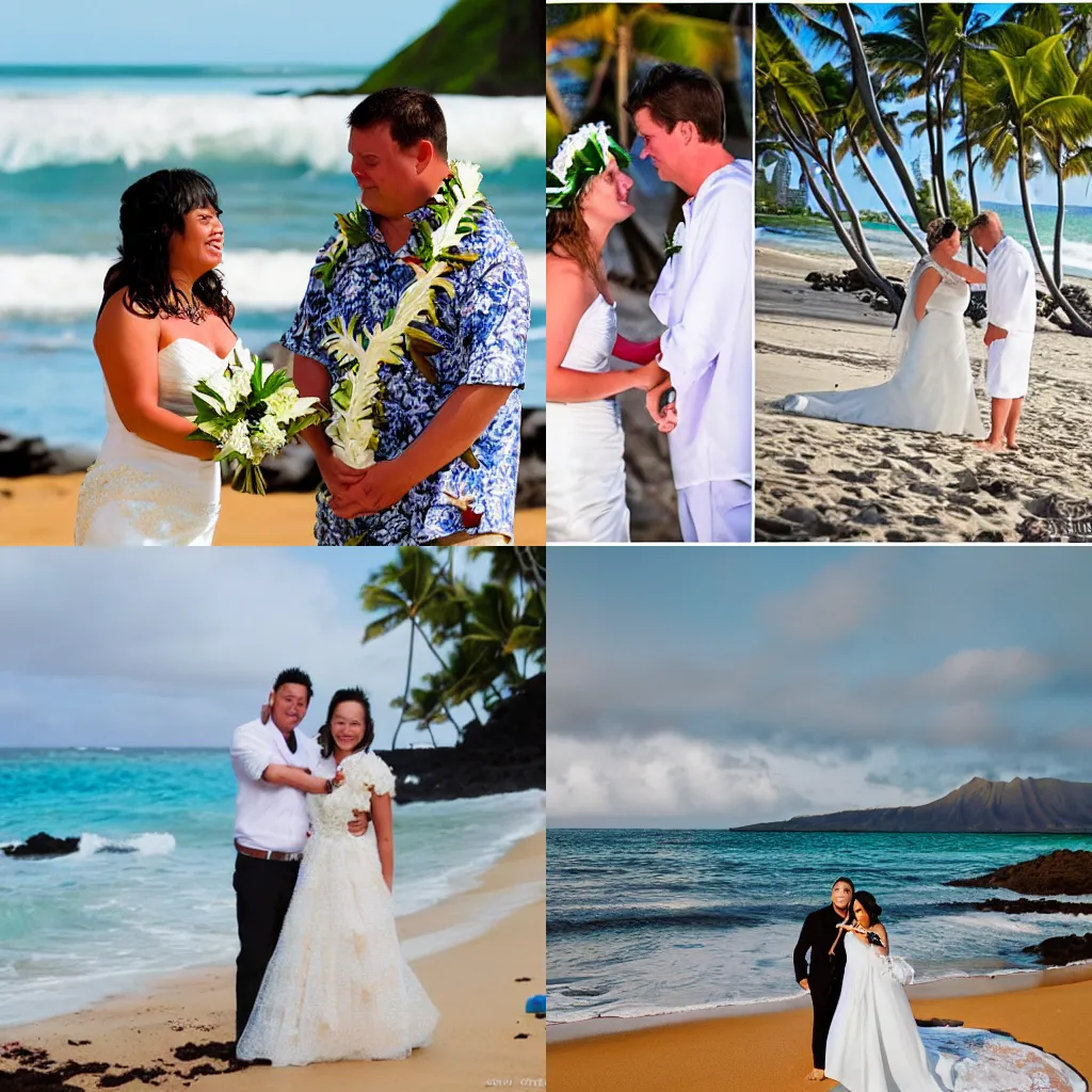 Prompt: Childhood sweetheart getting married at hawaiin beach