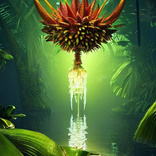 Prompt: tropical fruit creature in a lush trunda vegetation, water reflection, night, backlit, warm tones, bioluminescent : by michal karcz, daniel merriam, victo ngai and guillermo del toro : ornate, dynamic, particulate, intricate, elegant, highly detailed, centered, artstation, smooth, sharp focus, octane render