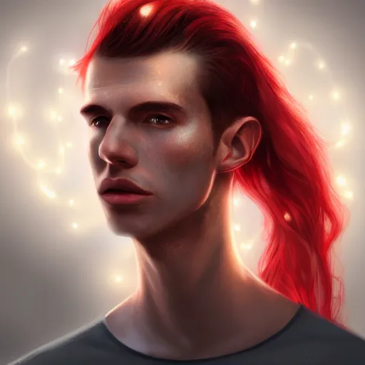 Image similar to portrait of a thin young man with long red hair, ponytail, a lot of freckles on his face, an earring, intricate, elegant, glowing lights, highly detailed, digital painting, artstation, concept art, smooth, sharp focus, illustration