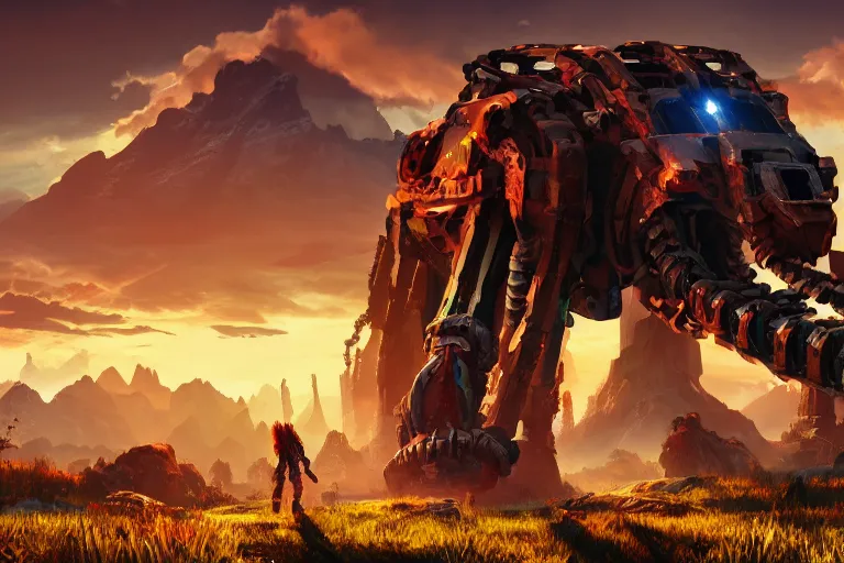 Image similar to tremortusk machine mecanical creature robot of horizon forbidden west horizon zero dawn radiating a glowing aura global illumination ray tracing hdr fanart arstation by ian pesty and alena aenami artworks in 4 k