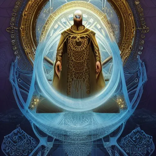 Image similar to symmetry!! an african moor wearing white robes and turban entering the voidspace. ornate, golden, steampunk stargate. front game card. marvel comics. dark. intricate. highly detailed. smooth. artstation. digital illustration by ruan jia, mandy jurgens, artgerm, wayne barlowe, greg rutkowski, and zdislaw beksinsk.