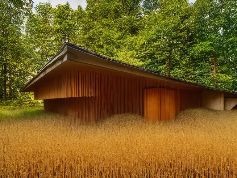 Image similar to hyperrealism design by frank lloyd wright and kenzo tange photography of beautiful detailed small house with many details around the forest in small detailed ukrainian village designed by taras shevchenko and wes anderson and caravaggio, wheat field behind the house, volumetric natural light